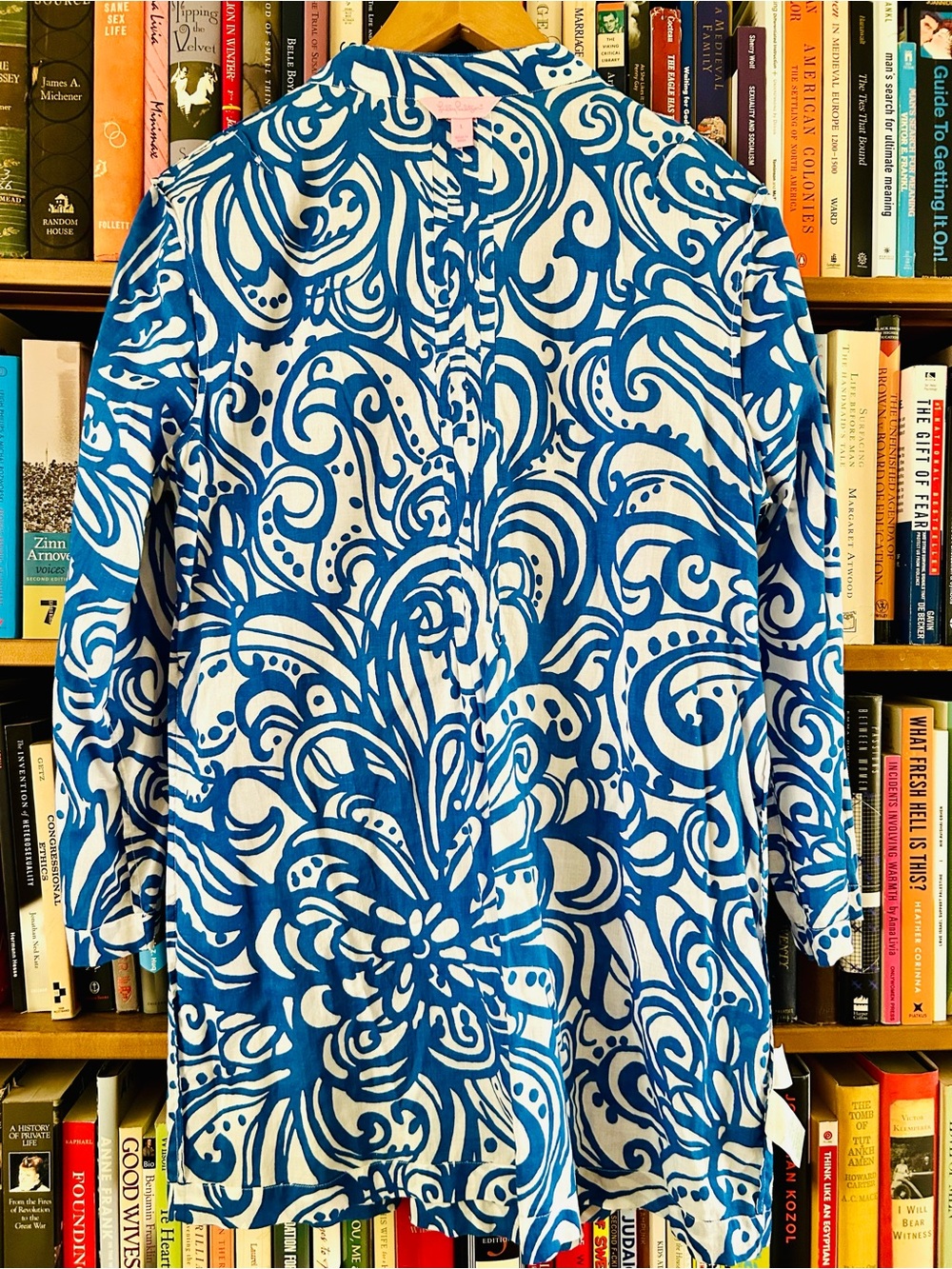 Lily Pulitzer Sarasota Blue White Embellished Coral Beaded Tunic Top, size L - Picture 7 of 12